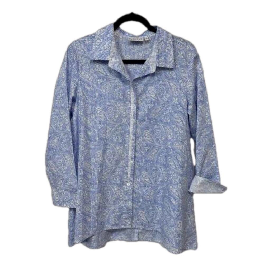 Habitat Hidden Button Front Long Sleeve Tunic Top Lagenlook Split Back Blue Sz S